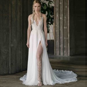 Verão Chiffon Rendas Apliques Sem Alças Vestido de Noiva Praia Boêmio Ao Ar Livre Evento de Casamento Da Noiva A Linha Maxi Vestidos de Alta Perna Vestidos de Split