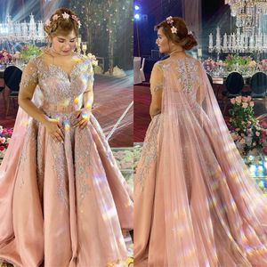 2020 Plus Rozmiar Arabski Różowy Prom Prom Dresses Z Wrap Lace Aplikacja Zroszony Krótki Rękaw Formalne Suknie Wieczorowe Custom Made Robe de Soiree