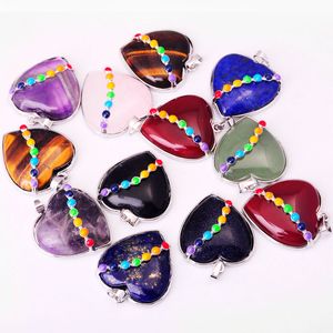 7 chakra kvinnlig hängande kristall hjärta form natursten nacke prydnad helande chakra aura kärlek charm bulk smycken ametist turkos