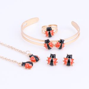 Cute Ladybug Baby and Kids Jewelry Sets Gold Color Children Dubai Jewelry Set Necklace Bracelet Earrings Ring Jewellery