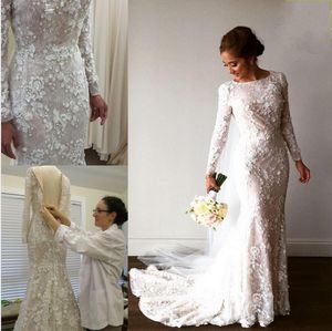 2019 Vintage sjöjungfru arabiska bröllopsklänningar långärmad 3D-blommiga applikationer Crystal Muslim Brudklänningar Sweep Train Real Image Brides Dress