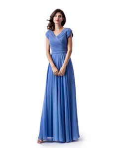 Novo ruched chiffon longo modesto vestidos de dama de honra com mangas do tampão v pescoço um comprimento do chão de linha mulheres vestido de festa de casamento formal personalizado