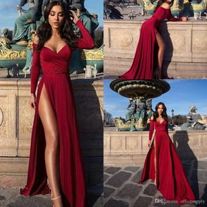 Sexy Elegant Dark Red Prom Dresses Off Shoulder Simple High Side Split Long Sleeves Velvet Formal Cheap Evening Gowns robes de soirée
