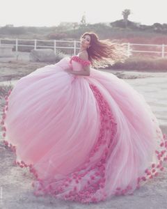 Pink Arabic Ball Gown Quinceanera Dress Off Shoulder 3D Flowers Puffy Chapel Train Sweet 16 Tulle Party Prom Evening Gowns Wear