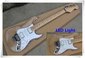 LED-Licht-Ganzkörper-E-Gitarre aus Acryl mit Floyd-Rose-Brücke und Ahorngriffbrett, kann individuell angepasst werden
