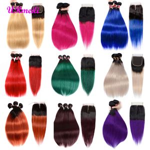 Ombre feixes de cabelo humano com fecho 10a grau brasileiro remy reta cabelo virgem feixes com fechamentos T1B / 27 3 pacotes com fecho