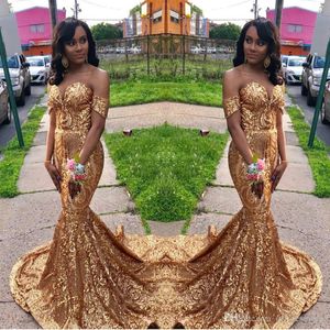 Reflective Gold Sequins Prom Dresses 2019 African Mermaid Off the Shoulder Prom Gowns Sweep Strain Formal Evening Party Dress Plus Size