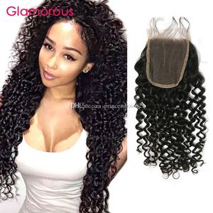 Glamorous Chiusura dei capelli brasiliani 1Pcs Onda profonda Ricci Capelli umani Chiusura con pizzo Mano legata Parte libera Peruviano Malese Indiano 4x4 Chiusura con pizzo