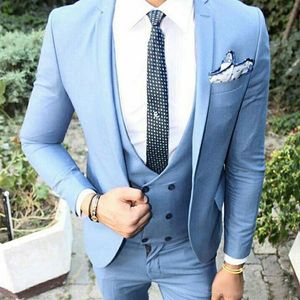 Yakışıklı Mavi Erkekler Düğün Damat Smokin Suits Tek Düğme Üç Parçalı Slim Fit Ceket Pantolon Custom Made Groomsmen Giyim Giymek
