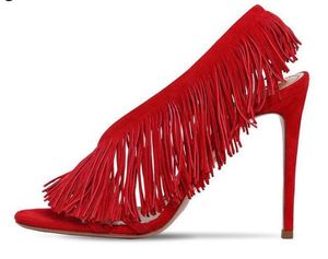 2019 Новые летние сандалии женщин замша бахрома супер высокие каблуки сексуальные пип носком сандалии показать партии обуви Slingback Sapato feminino