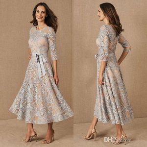Elegant Mother of the Bride Dresses Jewel 3 4 Long Sleeves Lace Appliques Wedding Guest Dress Custom Made Tea-Length Formal Mother Gowns