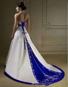 Vintage fildişi ve kraliyet mavisi saten bir çizgi gelinlik yular boyun açık dantel yukarı mahkeme özel yapımı nakış düğünü brida266k
