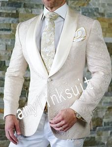Yeni Popüler Bir Düğme Fildişi Paisley Düğün Erkekler Suits Şal Yaka İki adet İş Damat smokin (Ceket + Pantolon + Kravat) W1264