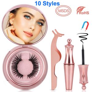 Magnetic Eyeliner and Magnetic Eyelashes Kit No Glue needed Reusable Silk False Lashes 5 magnets Eyelash with makeup mirror Tweezer