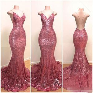 Paillettes Sirena Bling Abiti da ballo Sexy Backless Senza spalline Sweep Train Abito da sera lungo Custom Made Vestido De Noche