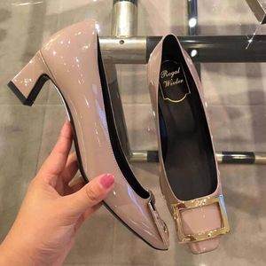 Designer Women wedding shoes with low heel Square Buckle pumps Nude woman shoe with dress Patent Leather Hight heel 5cm Fashion luxury Loafers Square Toes Dress shoes