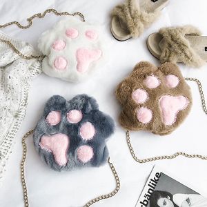 Cadeia da pata do gato bonito Bolsas Mulheres Bandoleira Pacote Adolescente Meninas Pés Bolsas Crianças Lolita Plush rosa suave Único Shoulder Bag