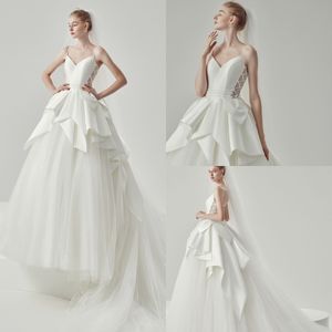 2020 Modest YL Elegantes Ballkleid mit Spaghettiträgern, ärmellos, Stufen-Hochzeitskleider, Satin-Rüschen-Hochzeitskleider, Sweep-Zug-Brautkleider