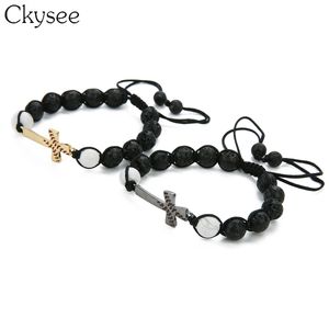 CKYSEE handgjorda flätade macrame Black Lave Stone pärlstav armband baseball cross armband kristna smycken för kvinnor och män1191g