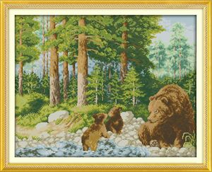 Lovely bears in the forest home decor painting ,Handmade Cross Stitch Embroidery Needlework sets counted print on canvas DMC 14CT /11CT