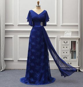 New Arrivals Elegant Royal Blue Mother of The Bride Dresses Chiffon and Lace Short Sleeves V-Neck Ruffles Floor-length Evening Dre299y