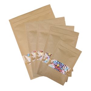 Tamanhos Brown Brown Kraft Bags Bolsa Bolsa Kraft Paper Saco De Armazenamento com Janela Clear 100 Pcs / Lot