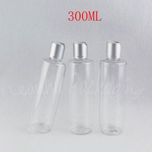 Gümüş disk üst kapaklı 300 ml şeffaf plastik şişe, 300cc makyaj alt şişeleme, şampuan / losyon ambalaj şişesi