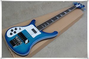 Vänsterhänt 4-strängad blå kropp elektrisk basgitarr med kroppsbindning, vit pickguard, krom hårdvara, kan anpassas