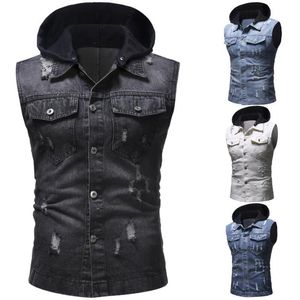 Spot Vests Spring Autumn Trend Men's Hole Decoration Button Hooded Denim Vest Support Mixed Batch