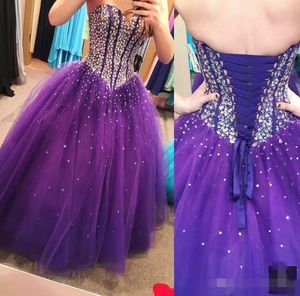 Purple Prom Beaded Dresses Corset Back Lace Up Sequins Sparkly Sweetheart Neckline Custom Made Ball Gown Formal Evening Wear