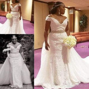 Afrikanische Brautkleider in Übergröße mit abnehmbarer Schleppe, schulterfrei, Spitze, Kristallgürtel, Garten-Meerjungfrau-Hochzeitskleid, Spitze, Braut-Vestido