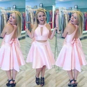 Pink Two Piece A Line Homecoming Dresses Jewel Neck Sleeveless Backless Satin Knee Length Cocktail Dresses With Bow