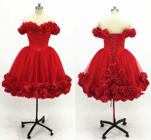 2020 Red 3D Flowers Short Mini Prom Party Dresses Off The Shoulder Bandage Tulle Open Back Homecoming Dresses Evening Wear Juniors Cocktail