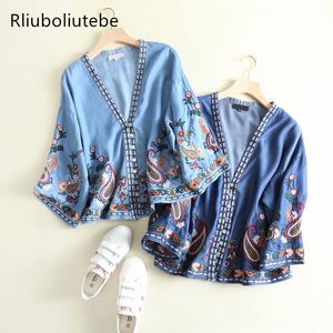 Kvinnor Denim Jeans Cardigan Poncho Broderi Vintage Drop-Shoulder Kimono Blus Button Up V Neck Kimono Soft Spring Summer Y19062501