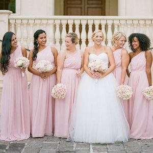 Brides Maids Dresses Blush Pink Chiffon Long Formal One Shoulder Sleeveless Floor Length Bridesmaid Dresses Custom