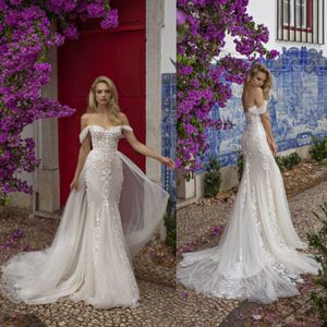 2020 Mermaid Wedding Dresses With Detachable Train Off Shoulder Backless Bridal Gowns Sweep Train Appliques Beach Wedding Dress