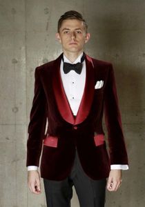 Burgundy Velvet Mens Bröllop Tuxedos Satin Shawl Lapel Groom Groomsmen Tuxedos Man Blazers Jacka Excellent 2 Piece Passits (Jacka + Byxor + Tie) 6