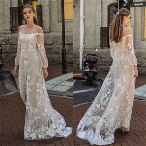 Hot Sell Bohemia A-line Wedding Dresses Bateau Long Sleeve Full Appliqued Lace Bridal Gown Tiered Ruched Sweep Train Boho Robes De Mariée