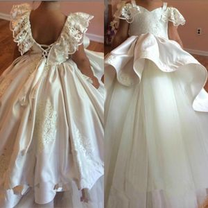 Girls Cute Flower Dresses for Weddings Square Neck Appliques Lace Puffy Pageant Party Gowns Birthday Dress