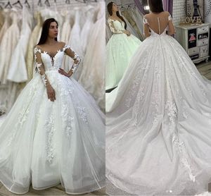 Sexy Illusion Lace Wedding Dresses Ball Gown Princess 2020 Sheer Long Sleeve Bridal Dress Sequins Buttons Back Court Train Vestidos AL5192