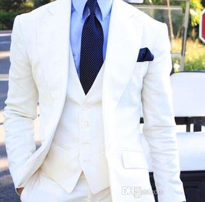 Casamento Branco Mens Ternos Custom Slim Fit Noivo Smoking Xale Lapela 3 Peça Calças Jaqueta Masculina Blazer (Jacket + Pants + Vest + Tie)