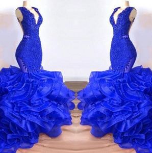 Royal Blue V Neck Lace Long Mermaid Prom Dresses 2019 Organza Layered Ruffles Sweep Train Formal Party Evening Gowns BC1687