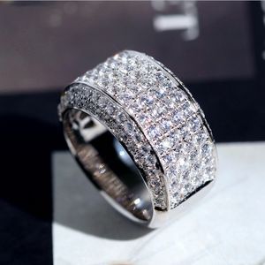 Gioielli di lusso scintillanti Gioiello infinito Argento sterling 925 con pavé di topazio bianco Diamante CZ Anello con fascia nuziale placcato oro bianco 18 carati per uomo regalo