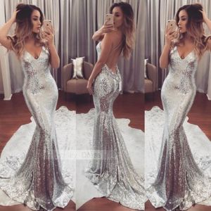 2019 New Fashion Abito lungo formale da donna Paillettes Abito argento Prom Abito da sera Ball Party Damigella d'onore Scollo a V Costume