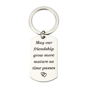 Rostfritt stål kvadrat keychain hängande nyckel ring gåva -May vår vänskap grou mer matuer som tid passerar