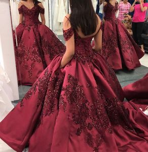 Burgundy Quinceanera Dresses Sparkly Sequins Satin Off the Shoulder Spaghetti Straps Cap Sleeves Applique Pocket Corset Back Prom 277A