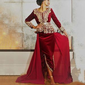 Caftan Karakou Algierien Formalne sukienki z długim rękawem 2020 Burgundii Velvet Gold Lace Peplum okazja suknie wieczorowe