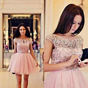 A-line Homecoming Dresses Saprking Crystal Party Dresses SHeer Neck capped Sleeve A Line Rucehd vestidos De Festa коктейльное платье 66