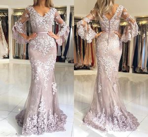 Elegant Long Mermaid Prom Dress sexy photo images V-neck Poet Long sleeve Lace robe de soiree Islamic Dubai Saudi Arabic Long Formal Evening Gown