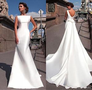 Nowe eleganckie urocze satynowe sukienki ślubne liniowe tanie z długim pociągiem Backless Sweep Pociąg Vestidos de Novia Draped Bridal Suknie